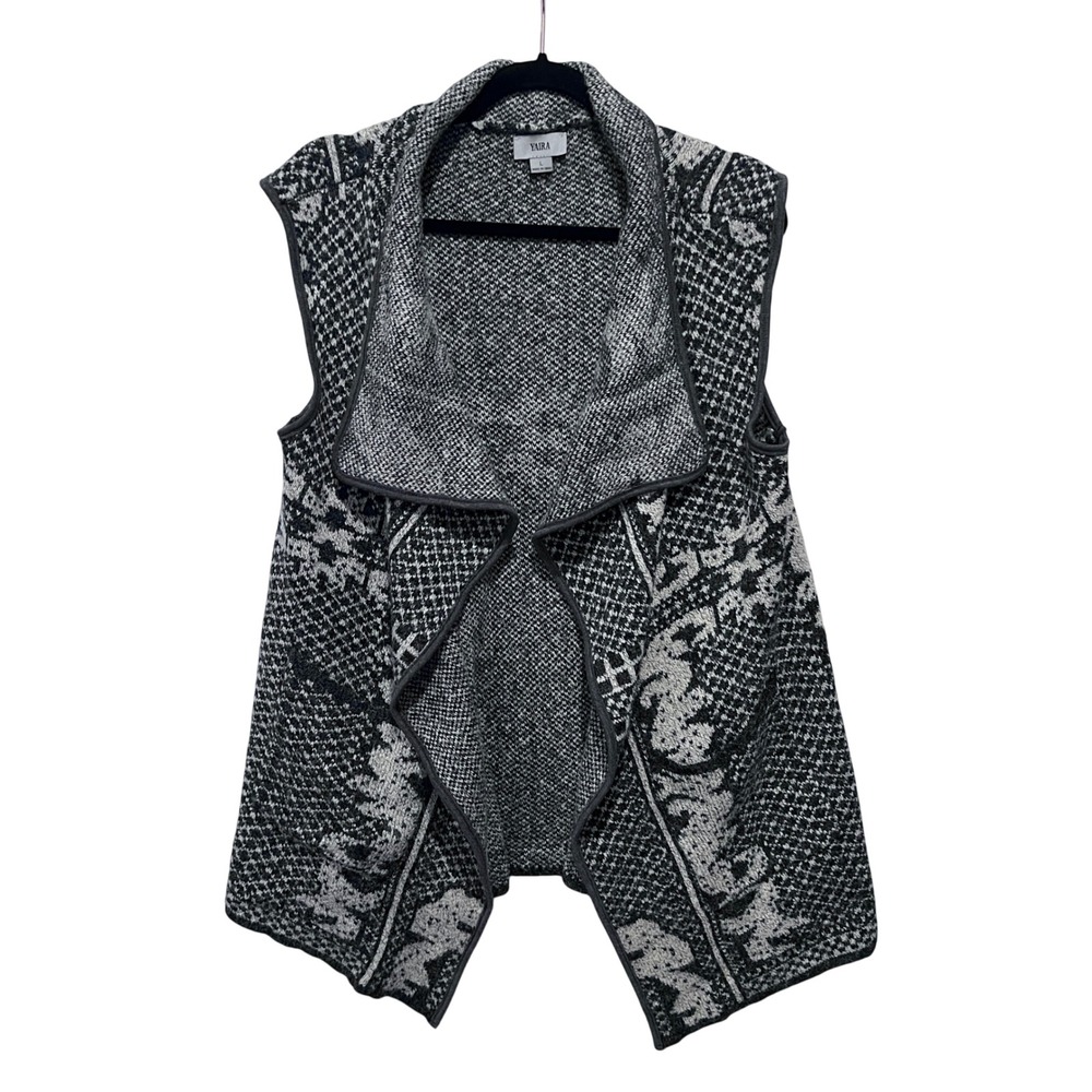 Yaira Black White Geometric Wool Open Front Knit Vest Shawl Collar‎ Large